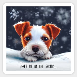 Wake me up in Spring grumpy Jack Russell Terrier Puppy Dog In the Snow Sticker